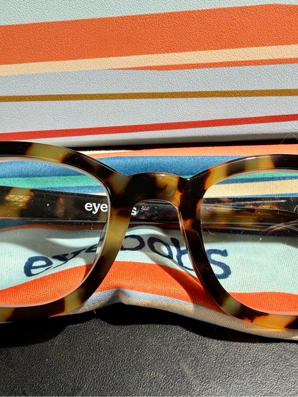 Eyebobs Biff (narrow) Tortoise Reading Glasses 1.5, Striped Folding Case & cloth View 2